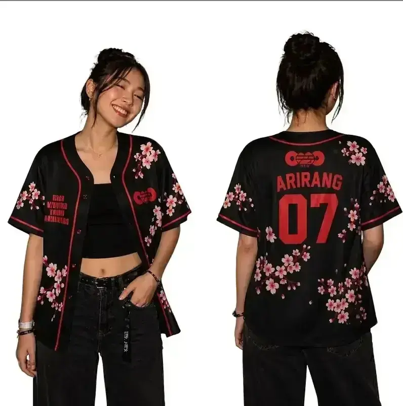 Cherry Blossom Baseball Jersey Shirt - Pink Sakura Floral Kpop Concert Tour Fan Merch, Button Down Arirang 07 Top, Casual Streetwear