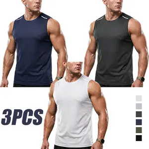 Set of 3 men’s summer high-quality trendy breathable quick-dry tank tops — moisture-wicking, crew neck design with reflective stripes for increased visibility — solid color, moisture-wicking fabric, suitable for multiple occasions outdoorfun