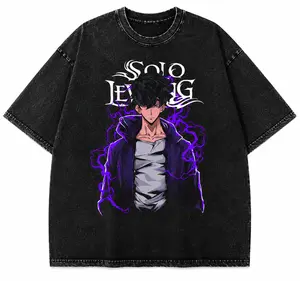 Solo Leveling Sung Jin-Woo Washed Tee – Anime Shadow Monarch Graphic T-Shirt, Oversized Vintage Acid Wash Streetwear Shirt for Men & Women
