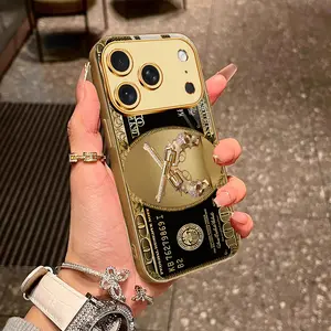 Black Gold Diamond Left Gun Dollar Pattern Phone Case for iPhone 17/16/15/14/13/12/11 Shockproof Full Coverage Phone Case
