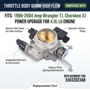 Throttle Body 60mm High Flow Compatible with 1996-2004 Jeep Wrangler TJ Cherokee XJ 4.0L, Replacement for 53032023AB