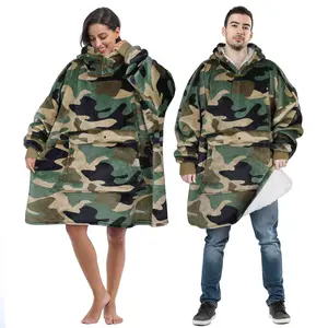 Deluxe Reversible Fleece Oversized Blanket Sweatshirt with Hood Super Soft Warm Large Plush Sleeved Throws for Adult Wom