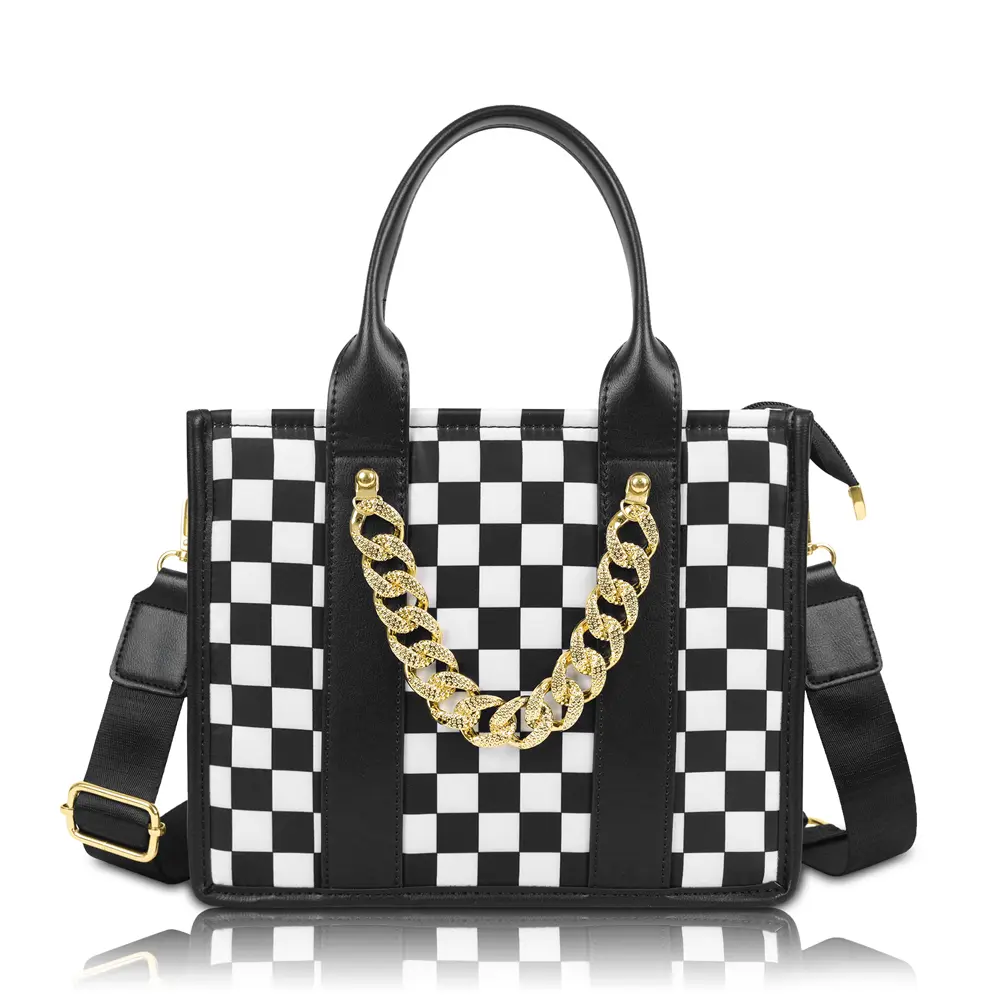 Minimalist Checkered Tote Bag for Women, Lightweight Canvas Crossbody Bag with Shoulder Strap and Chain for Everyday Use, Cross Body Bags, Bags For Everyday