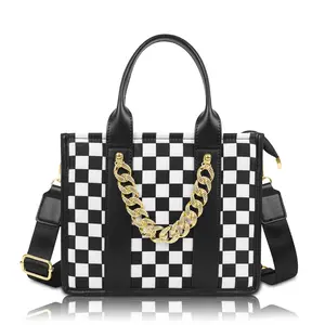 Black and White Checkered Tote Bag for Women, Stylish Plaid Crossbody Handbag with Shoulder Strap and Chain, Lightweight Minimalist Purse for Daily Use and Commuting Women's Crossbody Canvas Tote Bag purse fanny pack