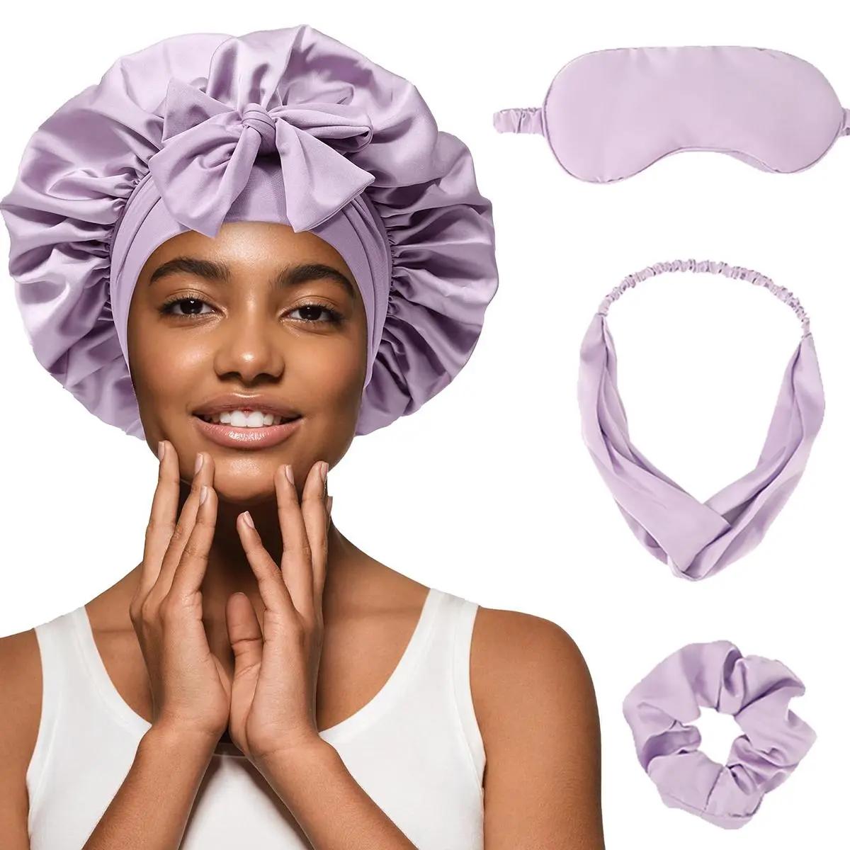 4pcs/set Black Silky Satin Bonnet for Women & Men, Adjustable Tie Band Sleep Cap with Eye Mask, Headband & Hair Ring, Haircare, Smooth