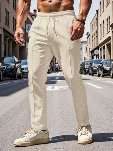 Men's Solid Drawstring Waist Pants, Regular Fit Casual Comfy Pocket Trousers for Spring & Fall, Men's Bottoms for Daily Wear, Casual Fashion Trousers