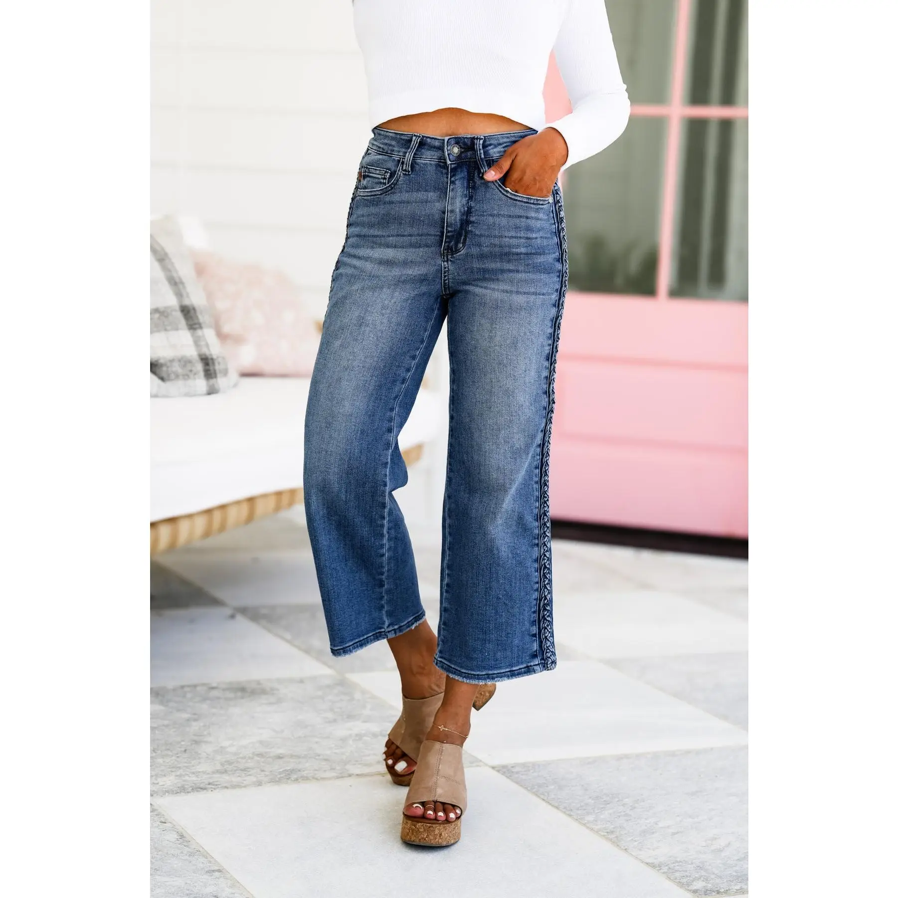 Judy Blue High Rise Medium Wash Side Braid Cropped Wide Leg Jeans