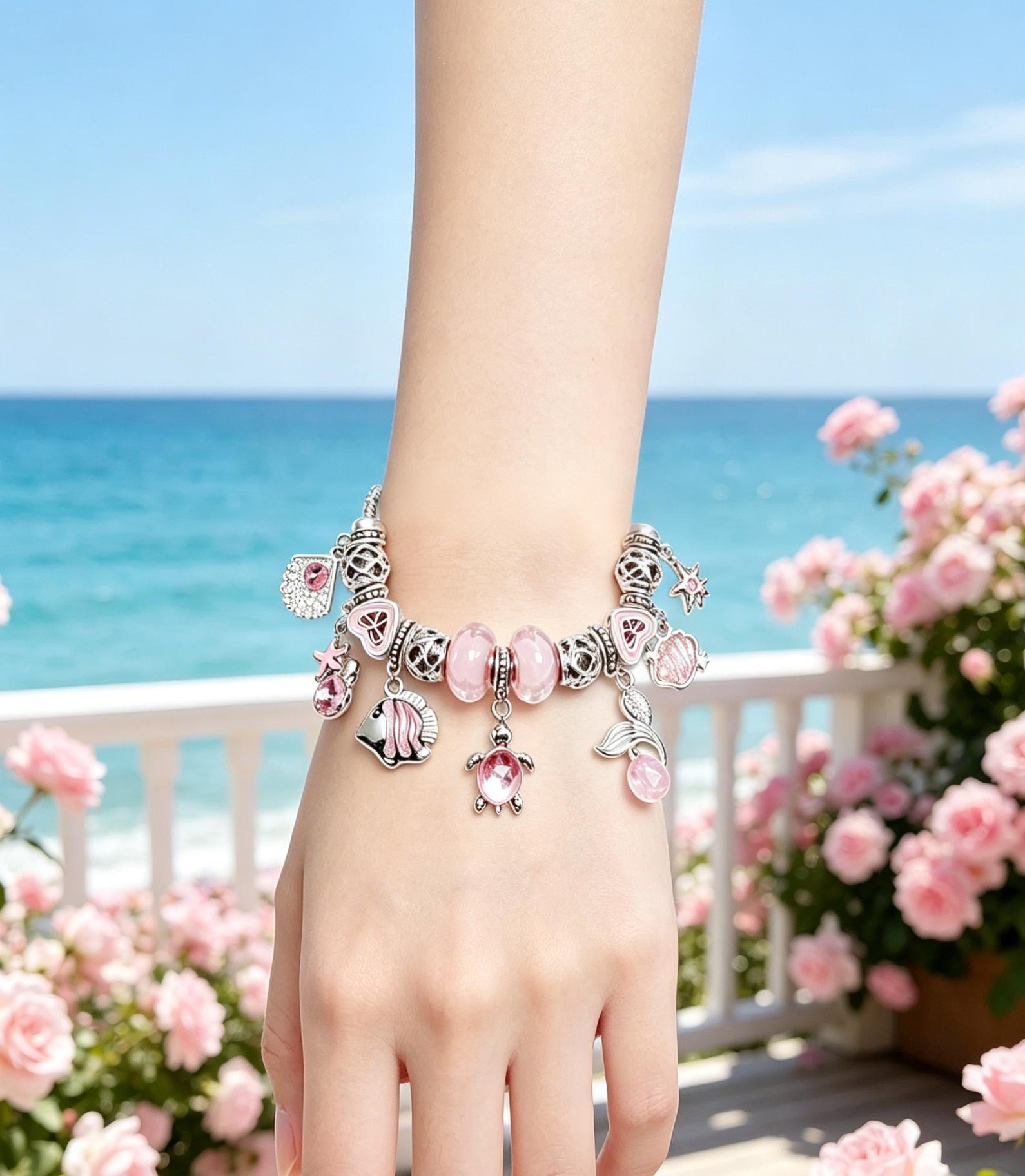Pink Ocean Charm Bracelet for Women Girls - Silver-Tone Snake Chain with Sea Turtle, Tropical Fish, Starfish & Shell Pendants - Sweet Crystal Beaded Jewelry Gift