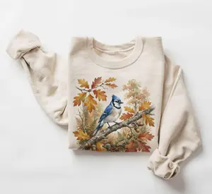 Blue Jay Bird Fall Acorn Leaves Birding Trip Sweatshirt, Animal Clothing, Blue Jay Bird Merch, Blue Jay Bird Apparel Unisex Cotton Crewneck T-Shirt Menswear Womenswear Streetwear Top