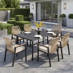 Phivilla Patio Dining Set, 64" Large Metal Table Steel Rectangular Outdoor Table, Wicker Chair, Weather-Resistant Table with 1.77" Umbrella Hole for Lawn Backyard Garden, Black