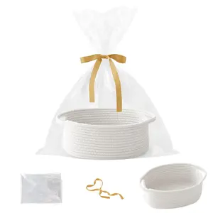 Small Rope Woven Gift Basket with Handles Empty Decorative Storage Basket for Valentine Birthday Baby Shower Shelf Organizer with Gift Bag & Ribbons 12 x 8 x 5 inches