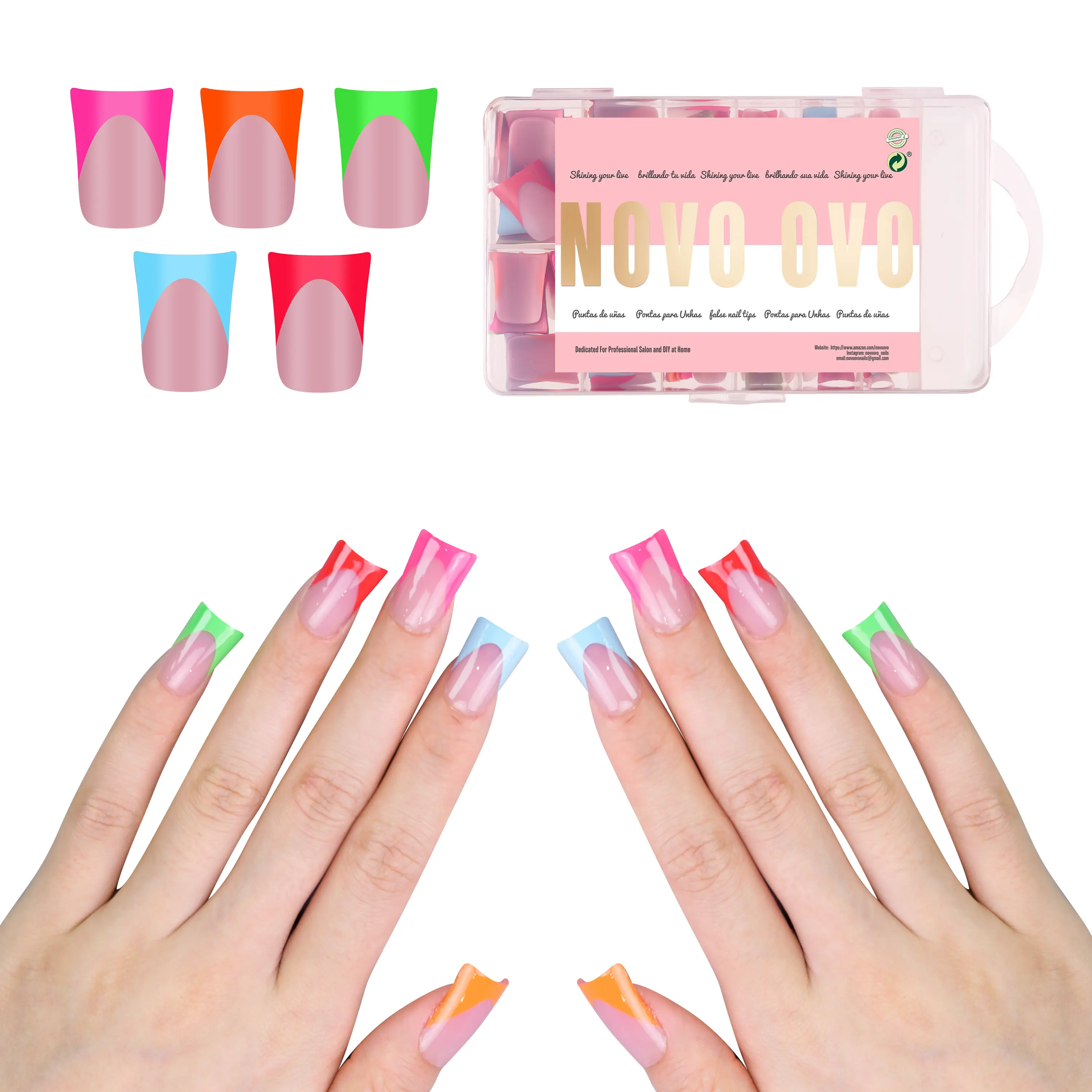 NOVO OVO French Tip Short Duck Nail Tips Press On 5 MIXED COLOR, Pre-designed Soft Gel Nail Extension, Pre-applied Tip Primer & Base Coat, Full Cover Acrylic False Nails for DIY x 12 Sizes 240 pcs【NO GLUE & TOP COAT INCLUDED】