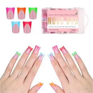 NOVO OVO French Tip Short Duck Nail Tips Press On 5 MIXED COLOR, Pre-designed Soft Gel Nail Extension, Pre-applied Tip Primer & Base Coat, Full Cover Acrylic False Nails for DIY x 12 Sizes 240 pcs【NO GLUE & TOP COAT INCLUDED】