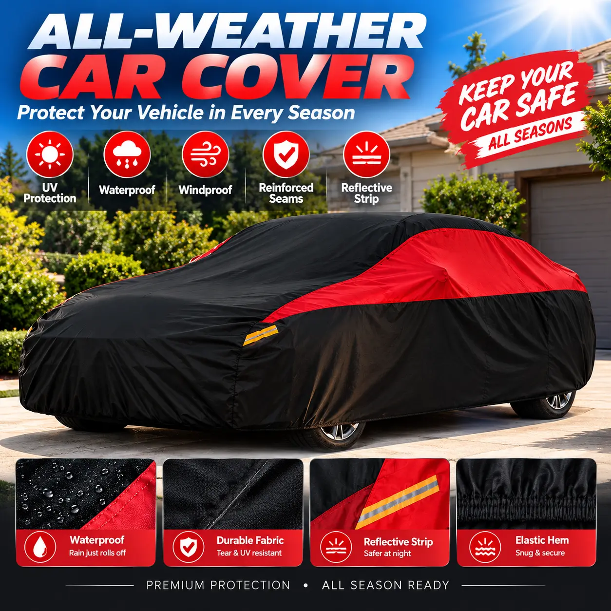Universal Fit Full Coverage Car Cover - Paint Safe Multifunctional Protector Car Covers & Shelters with Reflective Strips, Anti-UV, Anti-Scratch, Dustproof, Snowproof, Windproof for Outdoor & Garage Parking,snow protector,full car cover