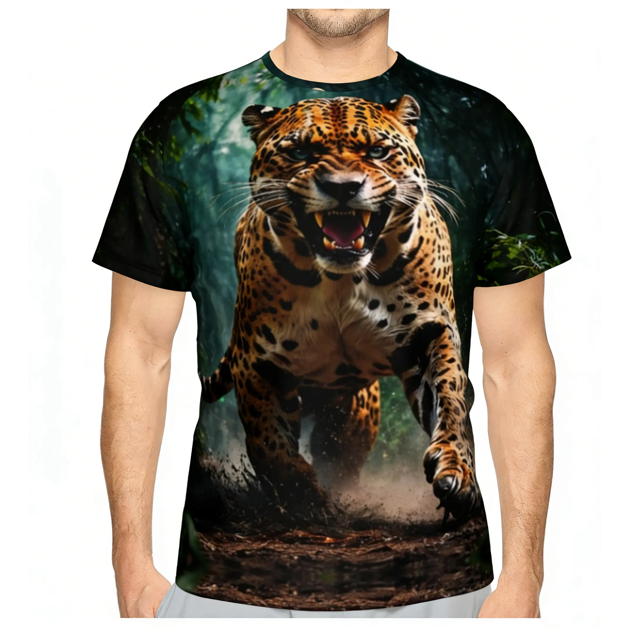 Men's Graphic T-Shirt with 3D Cheetah Print, a Casual Short-Sleeve Crew Neck Polyester Top for Streetwear & Parties, Tshirt, Shortsleeve, 3D Full-Print Jungle Cheetah, Jungle Cheetah Beast Attack