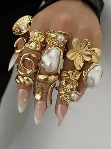 Women's Geometric Imitation Pearl Flower Joint Stackable Rings Set, Fashion Jewelry Accessories for Daily Wear & Gifts