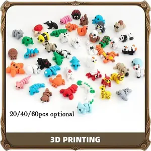 20/40/60PCS 3D printed animal model toy set, flexible and movable, collectible, desktop or bookshelf decoration, stress-relieving ornaments, flexible and movable joints, home and office decoration. A handmade gift for children, teenagers and adults.