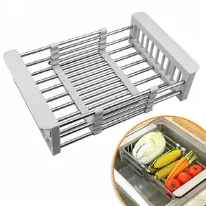 Portable Retractable Drain Basket with Adjustable Armrest,Easy Clean Stainless Steel Kitchen Drying Rack,Over The Sink Dish Drying Rack,Adjustable Multi-function Water Filter Basket for Fruits,Dish Drying Rack