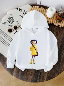 Girls Long Sleeve Hooded Sweatshirt, Coraline Print, Graphic Casual Hoodie, Raincoat, Striped Socks, Rain Boots, Casual Spring & Fall Wear