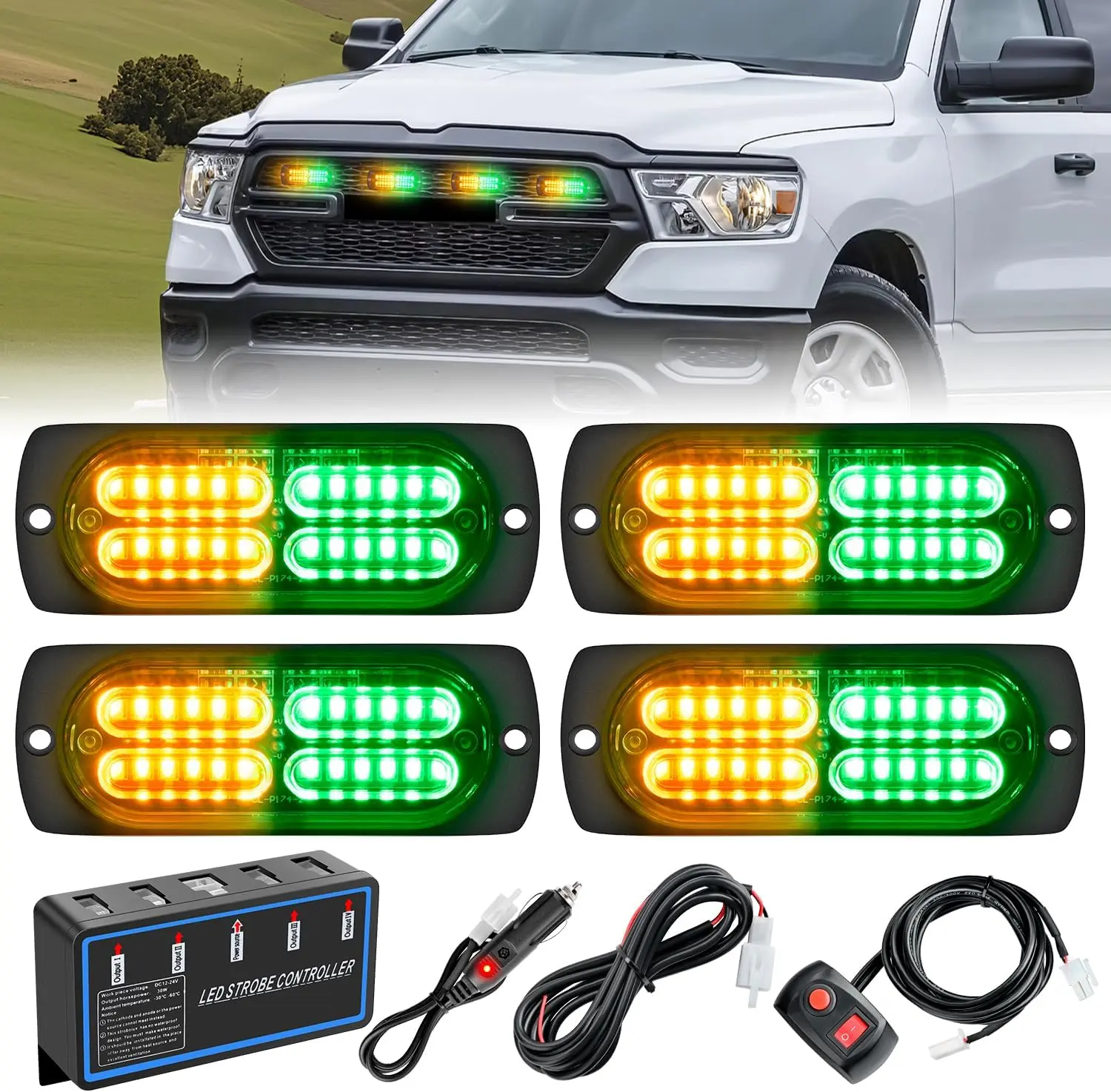 Nilight 4PCS 24LED 12V-24V Sync Mode Amber Green Strobe Work Lights (4x Double Row Flashing Lights), 1x Control Switch, Aluminum Base, Plug Wiring, Surface Mount for Trucks/ATVs, Campers, Emergency Vehicles, Flash Patterns, Vehicle Upgrades, 1X Main Contr