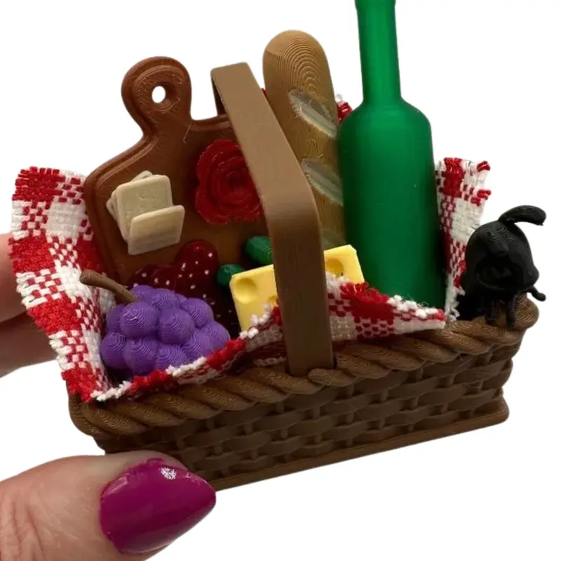Mini 3D Printed Picnic Basket w/ Mini 3D Printed Picnic Basket w/ Blanket, Bottle, Cheese, Grapes, Charcuterie Board, Bread, Ant - Miniature Spring Summer Fall Miniverse Decor, Miniverse, Desktop Decor Gift