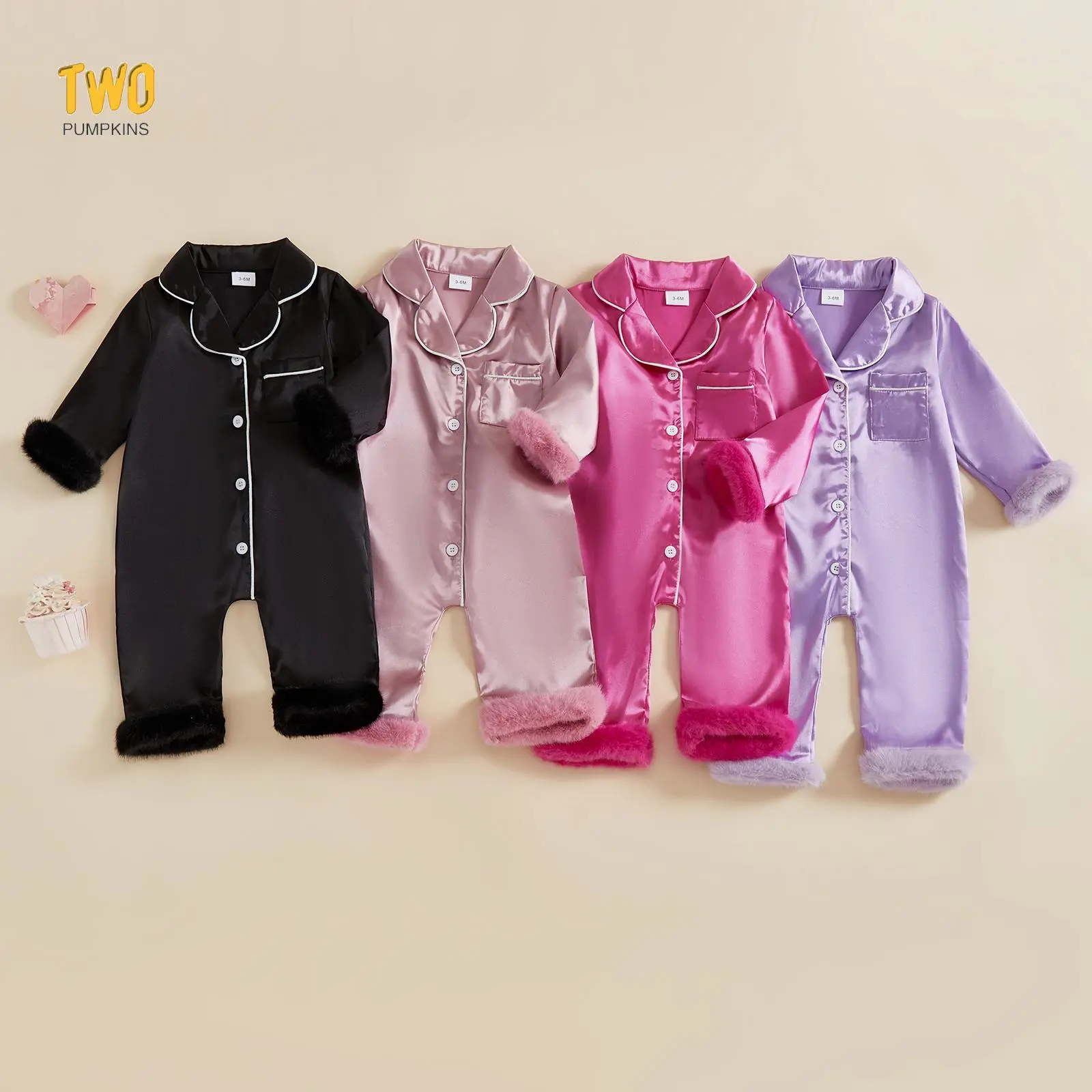 Baby Girl Fall Satin Pajamas Contrast Trim Fur Trim Button Down Lapel V Neck Long Sleeve Romper
