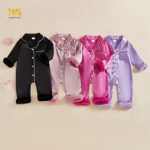 Baby Girl Fall Satin Pajamas Contrast Trim Fur Trim Button Down Lapel V Neck Long Sleeve Romper