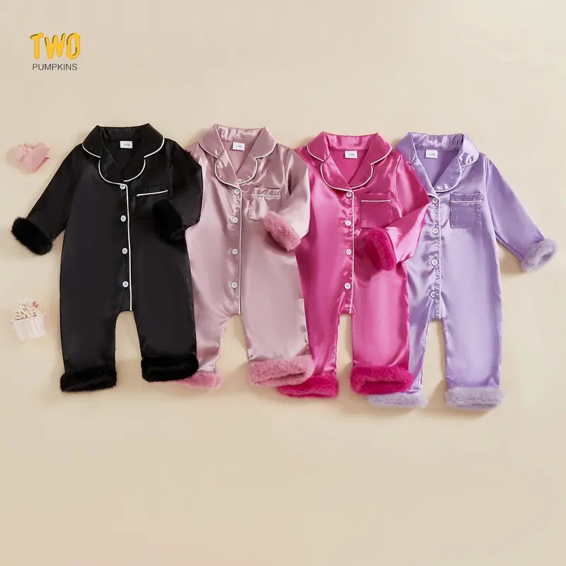 Baby Girl Fall Satin Pajamas Contrast Trim Fur Trim Button Down Lapel V Neck Long Sleeve Romper