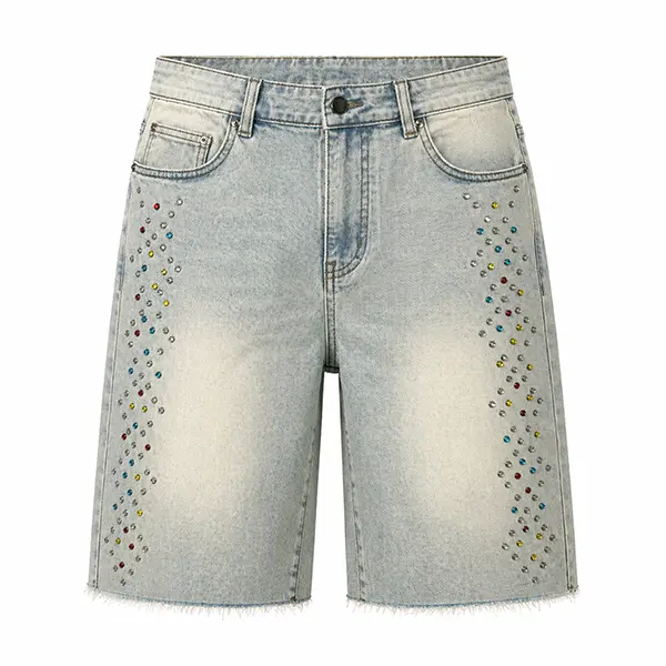 Menswear Men's Distressed Gradient Rhinestone Casual Fashion Summer Shorts - Vintage Bleached Wash, Straight Loose Wide Leg, Ideal for Summer Outings, Everyday Commuting