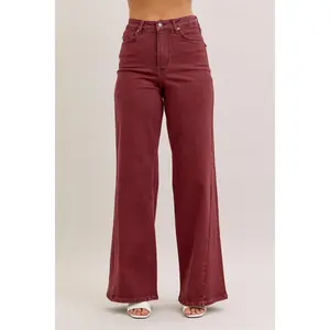 Judy Blue High Waist Retro Wide Leg Jeans with Twisted Seams in Burgundy 881032, Comfortable Stretchy Denim Womenswear Bottom, Chic Trendy Pants, Tall