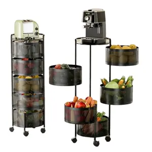 5 Tier Rolling Storage Basket with Wheels Metal Mesh Kitchen Organizer for Fruits Vegetables Snacks Space Saving Pantry Rack
