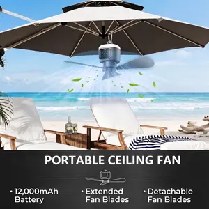 Portable Ceiling Fan, USB-rechargeable Fan, 12,000mAh High-capacity Battery, Extended Blades, Remote Control, Ceiling Fan Lights, Night Light, 3-speed Settings, Timer Function, Includes a Hook, Ideal for Camping, Bedrooms, Outdoor Use