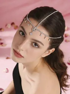 Silver Color Rhinestone Fringe Forehead Hair Accessory, Full Drill Chain Center Main Diamond Focused, Lightweight Stable Evening Wedding Bridal Headpiece Tiaras