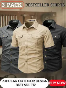Men's Rugged Short Sleeve Cargo Shirts, Bestseller 3-Pack Utility Shirts, Perfect for Outdoor & Auto Repair Work, 6 Colors Available