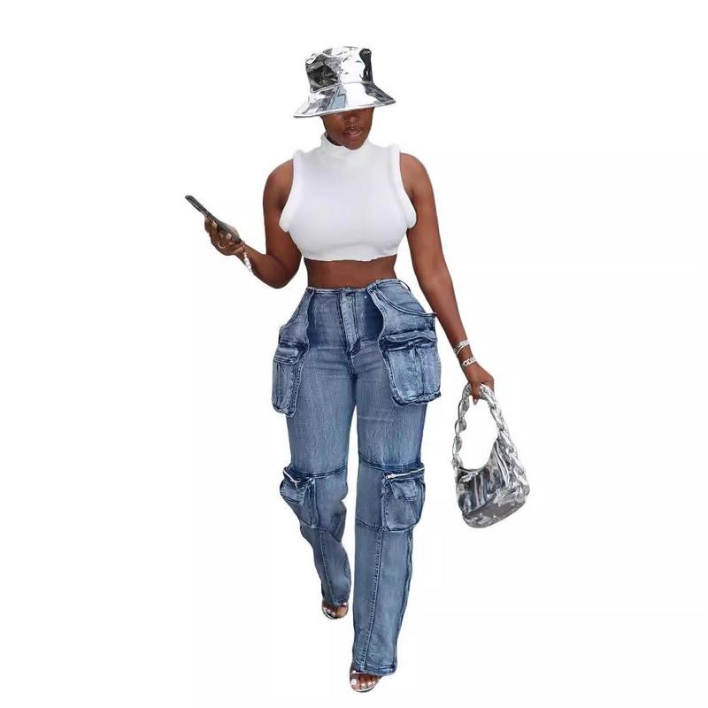 Women High Waisted Cargo Pants Wide Leg Casual Pants 6 Pockets Combat Military Trousers