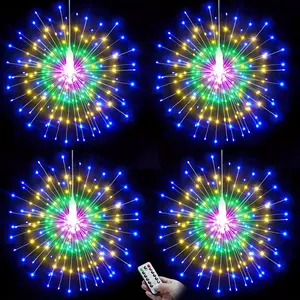 New 4 Pack 800LED Hanging Firework Lights DIY Starburst Lights Outdoor Indoor Star Sphere Lights 8 Modes Battery Operated Chandelier with Remote for Party Christmas Decoration (Colorful)