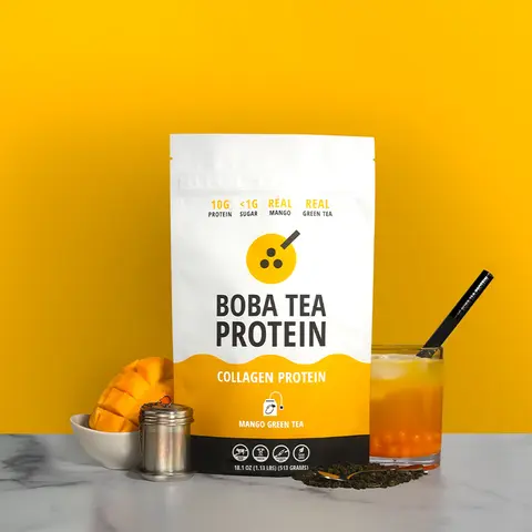 Boba Tea Protein Dietary Supplement Drink for Adults - Tropical Mango Fruit Green Tea Flavor, 10g of Grass-Fed Collagen Protein, 36mg of Naturally-Occurring Caffeine, Beauty Skin Care Formula, Prop 65 Free