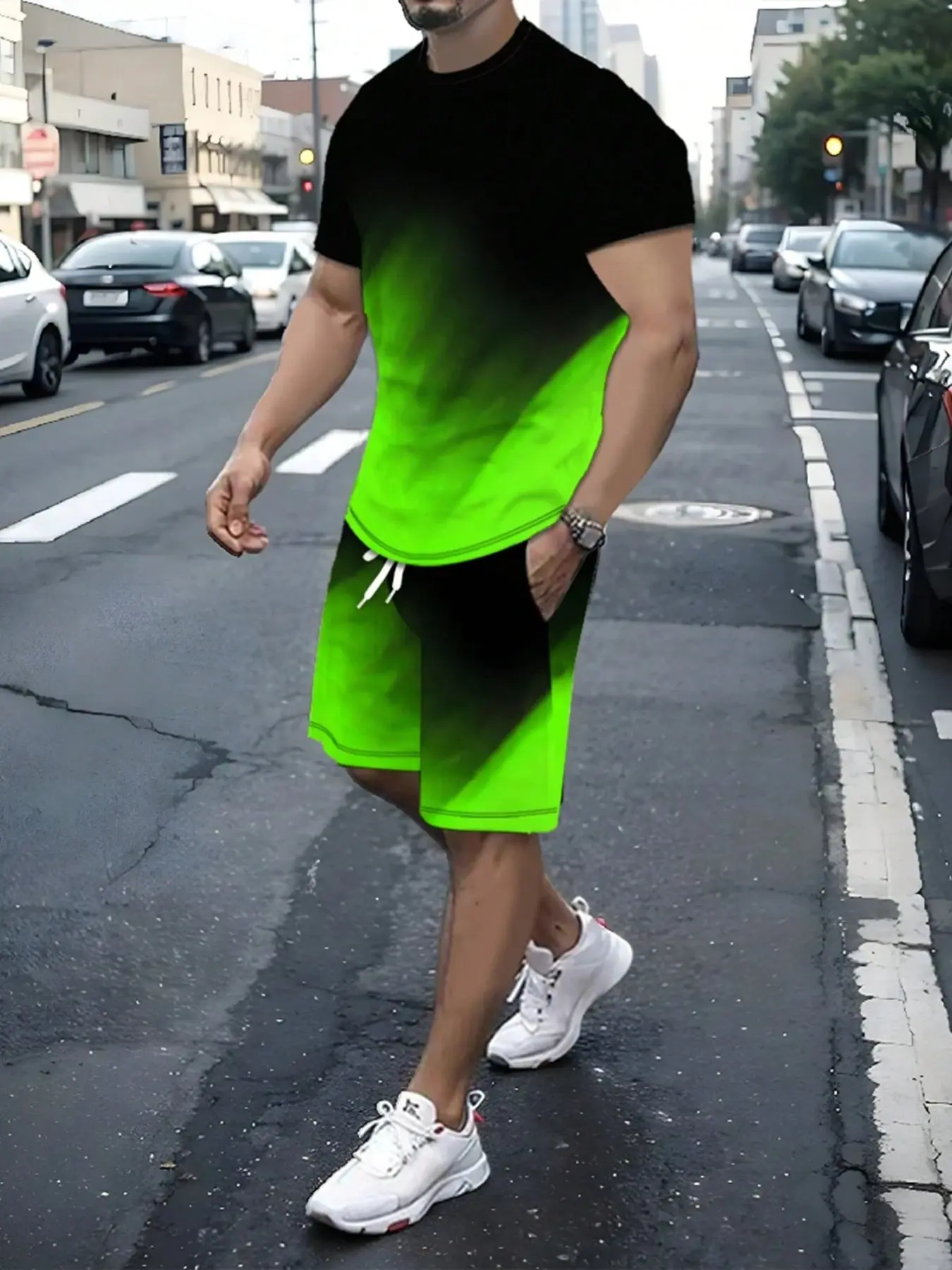 Stylish and casual men's short-sleeved shirt and shorts set, black and green color-blocked gradient print, comfortable and breathable, streetwear, Menswear