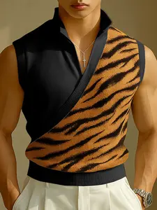INCERUN Men's Casual Simple Printed Patchwork Slant Collar Sleeveless Vest Tops, Perfect for Daily Wear, Summer Clothes