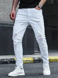 Men's Fashion Classic White Ripped Skinny Jeans, Distressed Stretch Denim Pants with Stylish Shred Details Perfect for Streetwear, Casual Fashion and Urban Outfits, Menswear