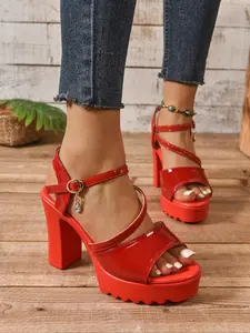 Women's Fashionable Solid Color Ankle Strap High Heel Sandals, Elegant Peep Toe Sandals for Party, Daily Clothing Decor for Women & Girls, Summer, Chunky Sole Sandals