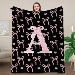 Initial Letter Flannel Throw Blanket, Black Pink Alphabet Monogram Blanket, Custom Personalized Letter Blanket Gift for Daughter, Teen Girls & Women, Soft Flannel Blanket for Bedroom Bedding Office Sofa Decor