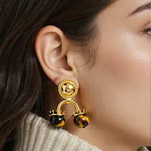 Vintage Gold Drop Earrings with Natural Tiger Eye Beads for Women | 18K Gold Plated Boho Statement Earrings | Trendy Aesthetic Jewelry for Party, Date Night, Wedding & Everyday Wear | Y2K Retro Accessory | TikTok Viral Fashion Find 2025 | Gift for Her