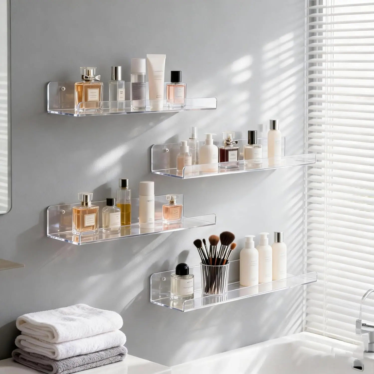 4Pcs Clear Acrylic Shelves for Bathroom, 15'' Floating Wall Shelves – Versatile Organizer for Perfume, Skincare, Books, Kids Room, Bedroom, Living Room Decor