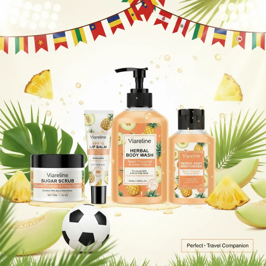 Viareline 4-Piece Mini Travel Skincare Set | Sweet Pineapple & Honey Melon | Body Wash + Lotion + Sugar Scrub + SPF15 Lip Balm | Shea Butter & AHA | Perfect Travel Companion for Every Adventure