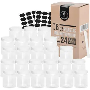 Plastic Containers with Water-Tight White  (6 oz, 24 Pack) - Clear Plastic  Storage Jars with Labels and White Marker - Jars With  For Slime Or Storage -