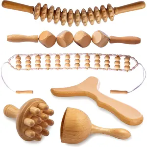 6 in 1 Wood Therapy Massage Tools, Maderoterapia kit, Wood Therapy Set, Lymphatic Drainage Massager, Wooden Gua Sha Tools, Wooden Massager Roller Rope for Body Shaping Anti Cellulite