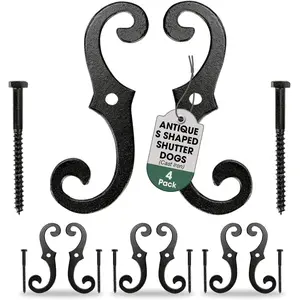 Decorative S Style Shutter Dogs - Rust Resistant Powder Coated External Shutter Tieback Hardware with Mounting Screws - 6.5 Inches, Cast Iron (Pack of 4 Pairs)