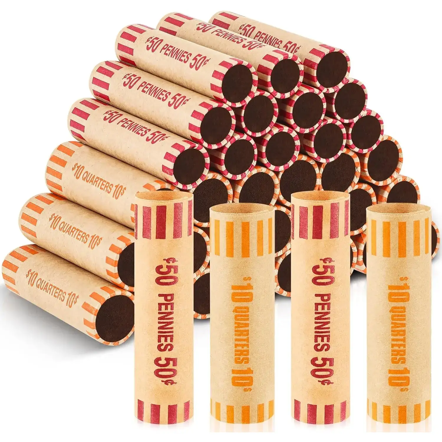 192-Pcs Assorted Preformed Coin Wrappers Bulk - Kraft Paper Wrapping Tubes with Color Coding Design, Includes Quarters, Pennies, Dimes, 2 Styles, Easy to Store for Bank Office Stationery & Paper-Based Gifts & Wrapping