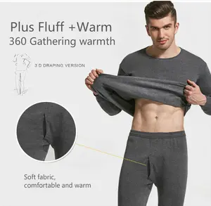 Men Winter Fleece Lined 100% Cotton Thermal Long Johns Top Bottom Underwear Set Clothes Fabric Menswear Breathable Day Layer Outdoor Soft Warmer Beige Crewneck Plain